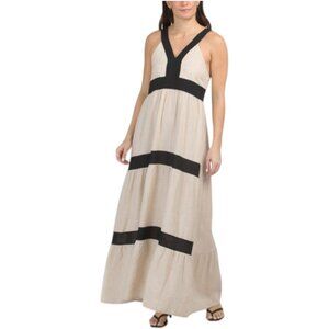 LUISA PERLA Made In Italy Linen Blend Sleeveless V-neck Tiered Maxi Dress